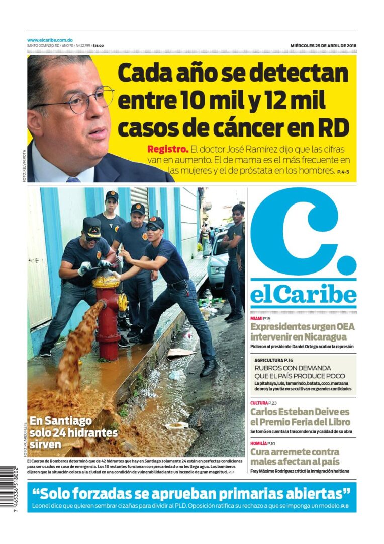 Portada Periódico El Caribe, Miércoles 25 de Abril 2018