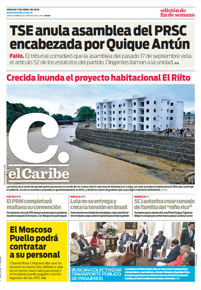 Portada Periódico El Caribe, Sábado 07 de Abril 2018