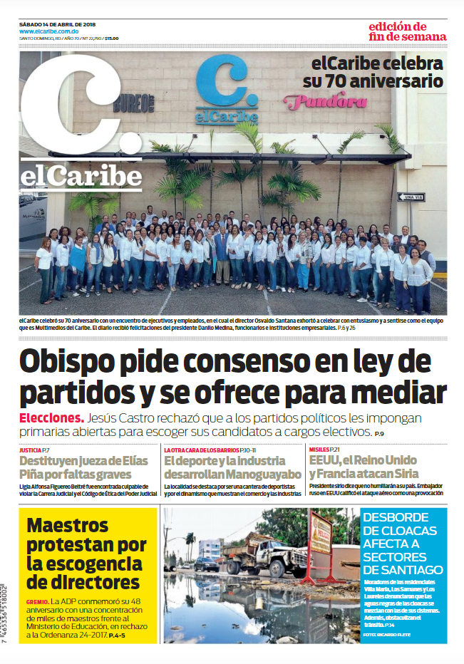 Portada Periódico El Caribe, Sábado 14 de Abril