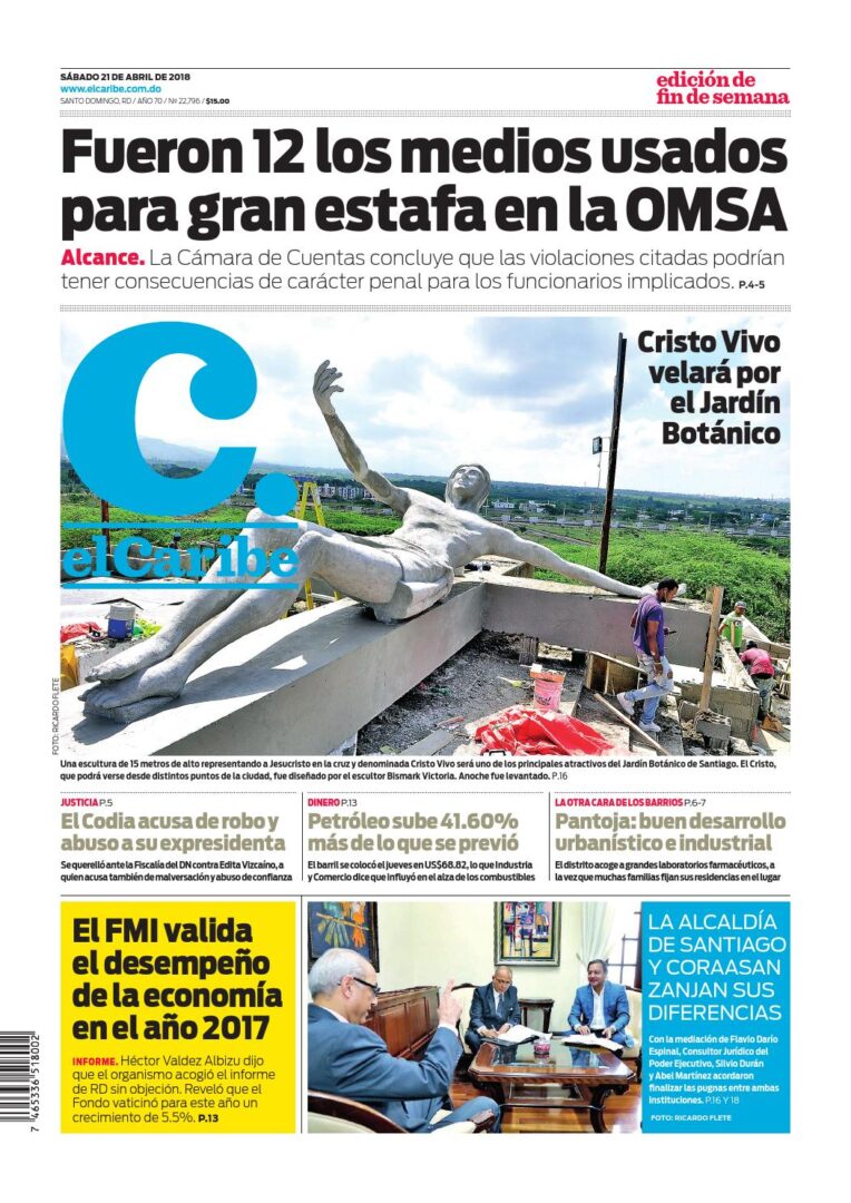 Portada Periódico El Caribe, Sábado 21 de Abril 2018