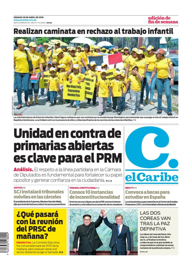 Portada Periódico El Caribe, Sábado 28 de Abril 2018