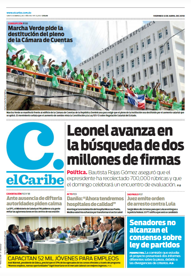 Portada Periódico El Caribe, Viernes 06 de Abril 2018