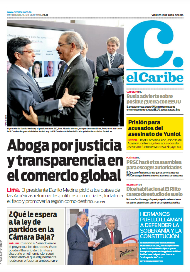 Portada Periódico El Caribe, Viernes 13 de Abril 2018