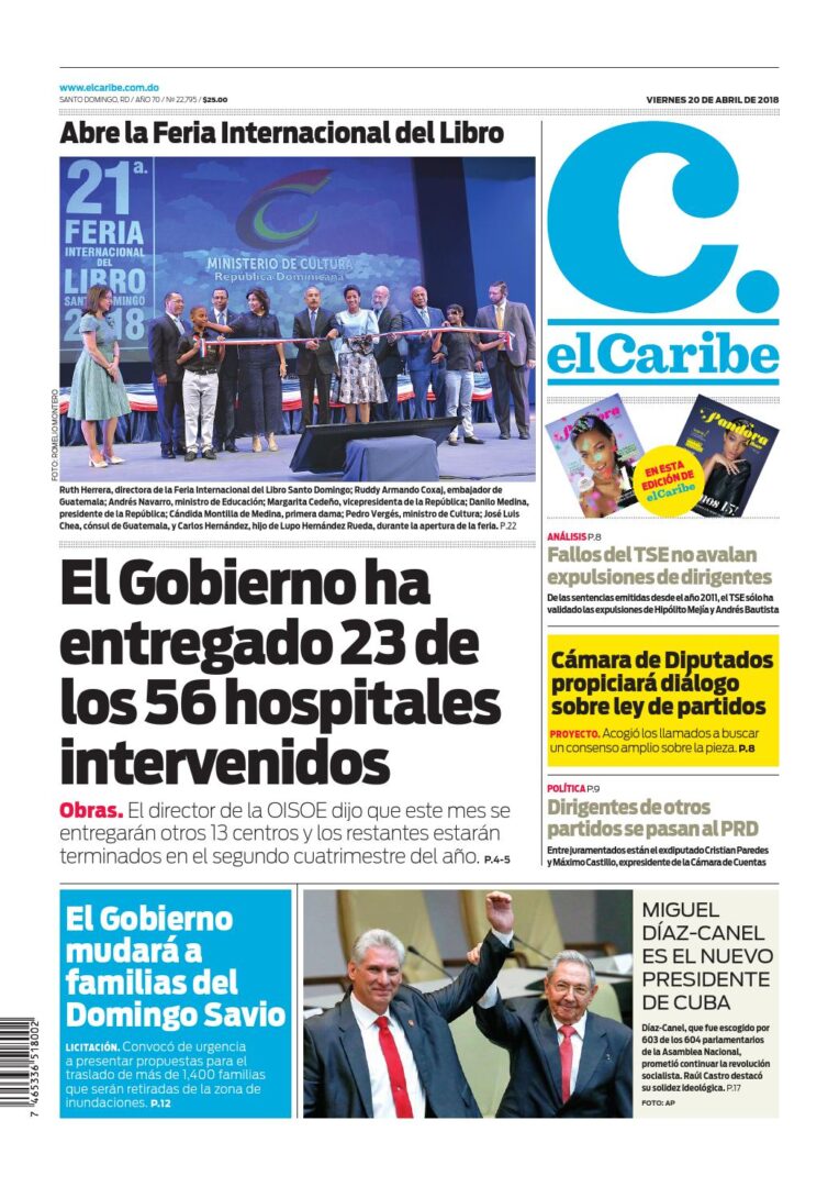 Portada Periódico El Caribe, Viernes 20 de Abril 2018
