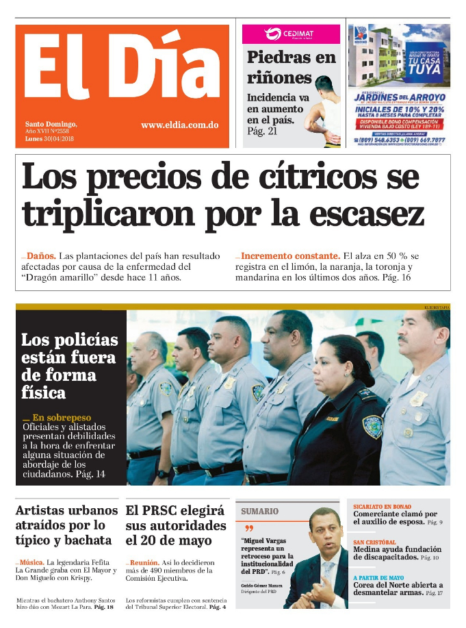 Portada Periódico El Día, Lunes 30 de Abril 2018