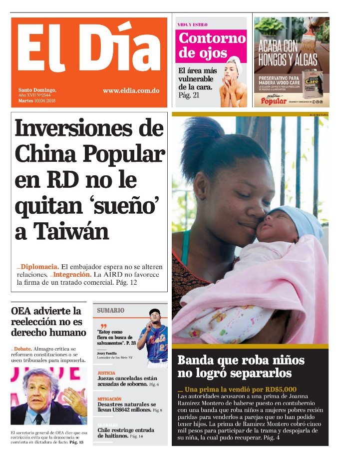 Portada Periódico El Día, Martes 10 de Abril 2018