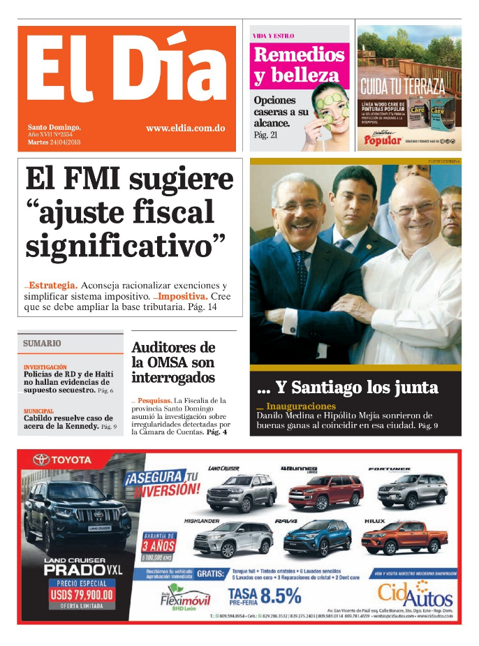 Portada Periódico El Día, Martes 24 de Abril 2018