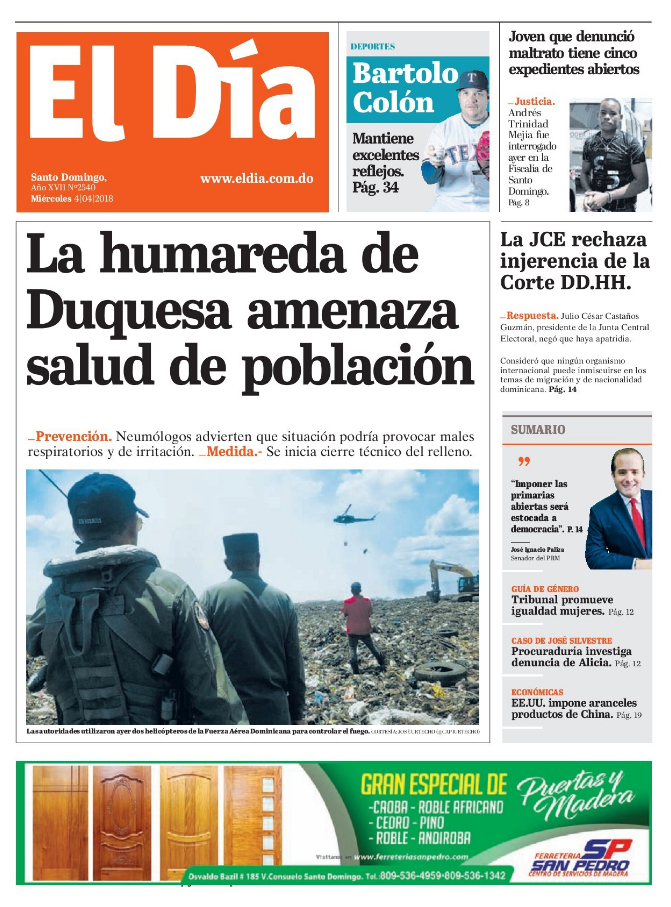 Portada Periódico El Día, Miércoles 04 de Abril 2018