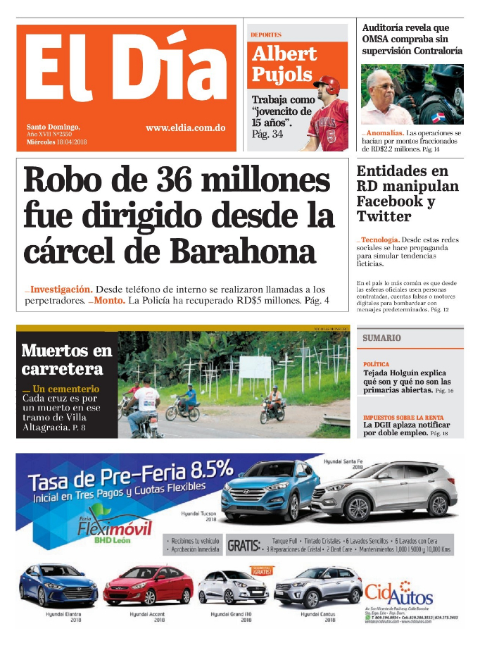 Portada Periódico El Día, Miércoles 18 de Abril 2018