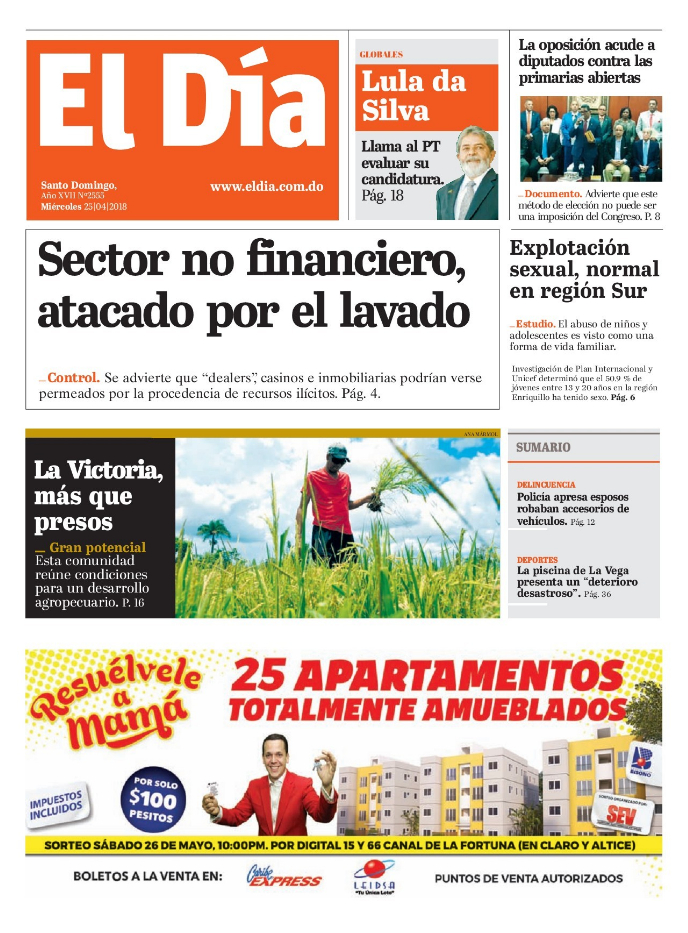 Portada Periódico El Día, Miércoles 25 de Abril 2018
