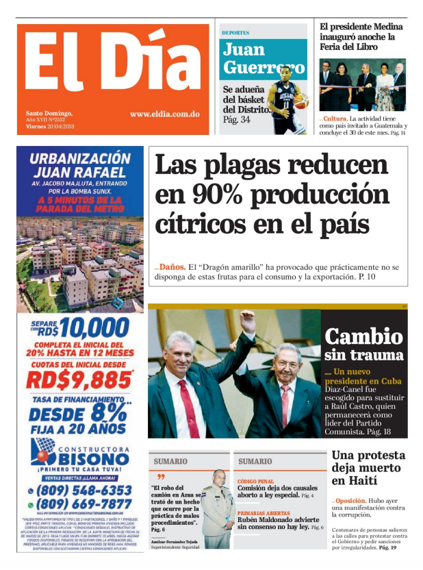 Portada Periódico El Día, Viernes 20 de Abril 2018
