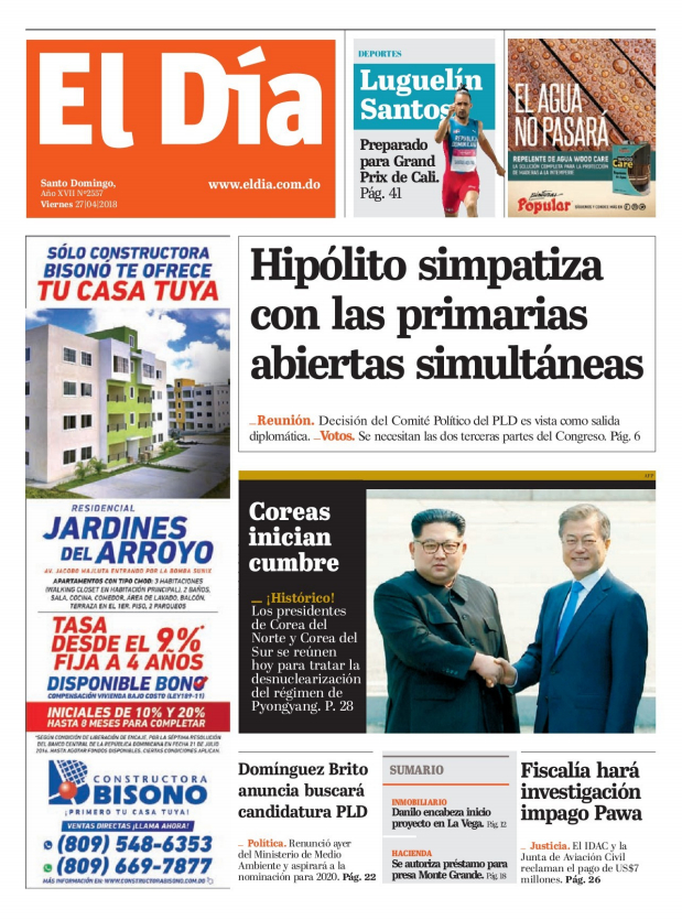 Portada Periódico El Día, Viernes 27 de Abril 2018