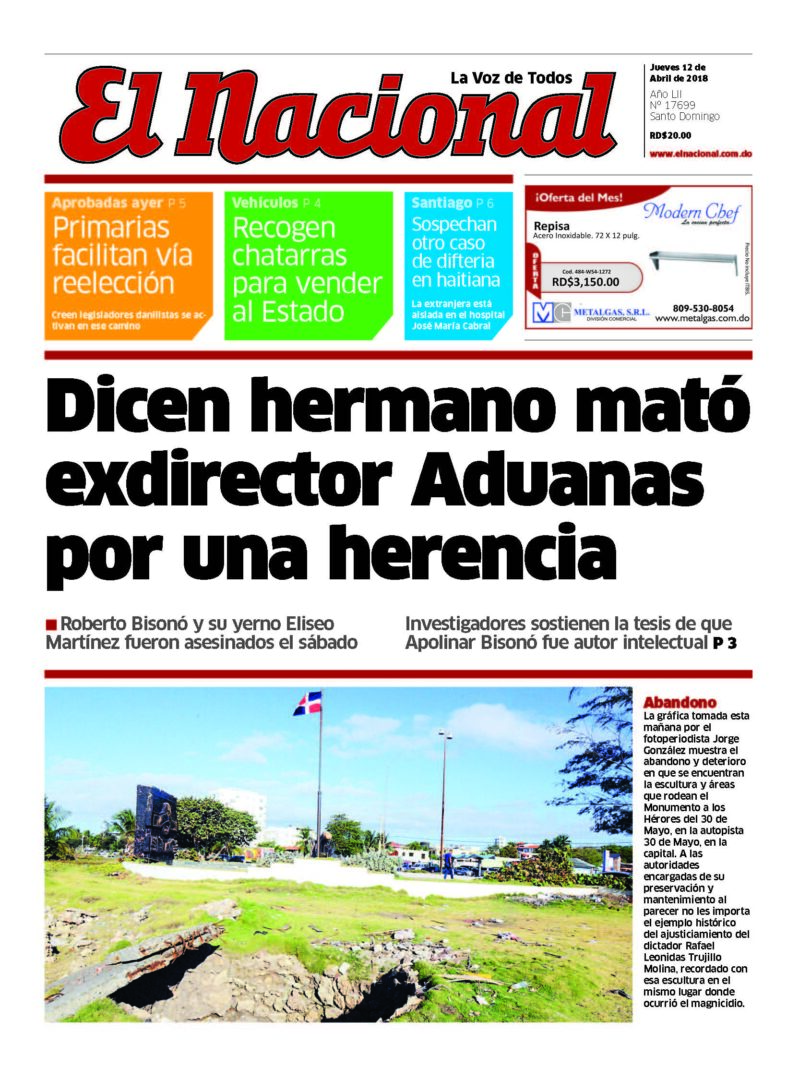 Portada Periódico El Nacional, Jueves 12 de Abril 2018