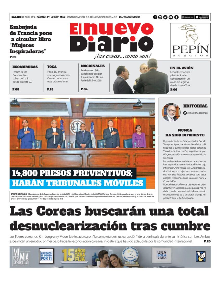 Portada Periódico El Nuevo Diario, Sábado 28 de Abril 2018