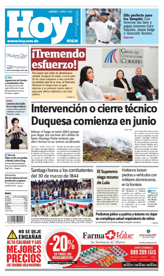 Portada Periódico Hoy, Jueves 05 de Abril 2018