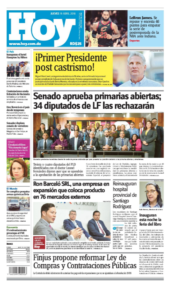 Portada Periódico Hoy, Jueves 19 de Abril 2018