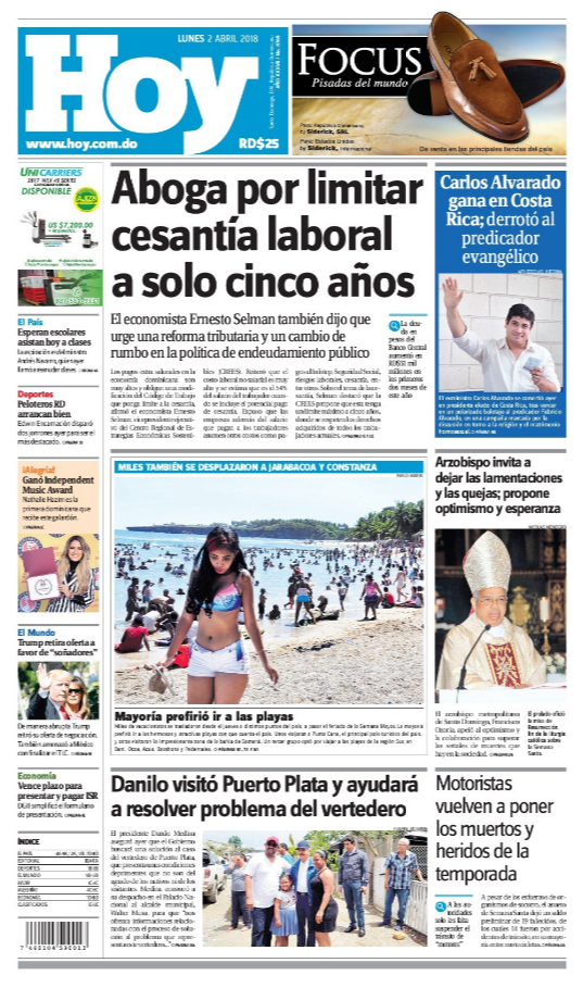 Portada Periódico Hoy, Lunes 02 de Abril 2018