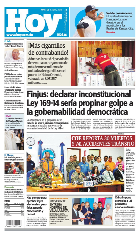 Portada Periódico Hoy, Martes 03 de Abril 2018