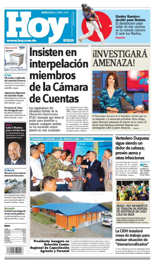 Portada Periódico Hoy, Miércoles 04 de Abril 2018