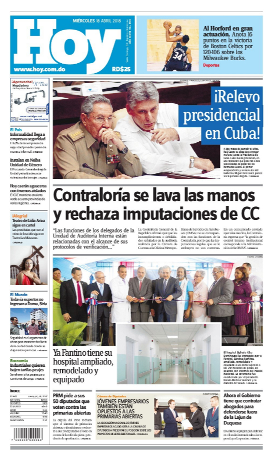 Portada Periódico Hoy, Miércoles 18 de Abril 2018