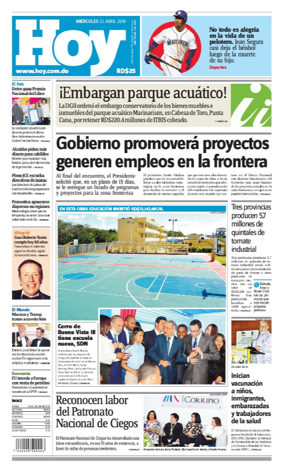Portada Periódico Hoy, Miércoles 25 de Abril 2018