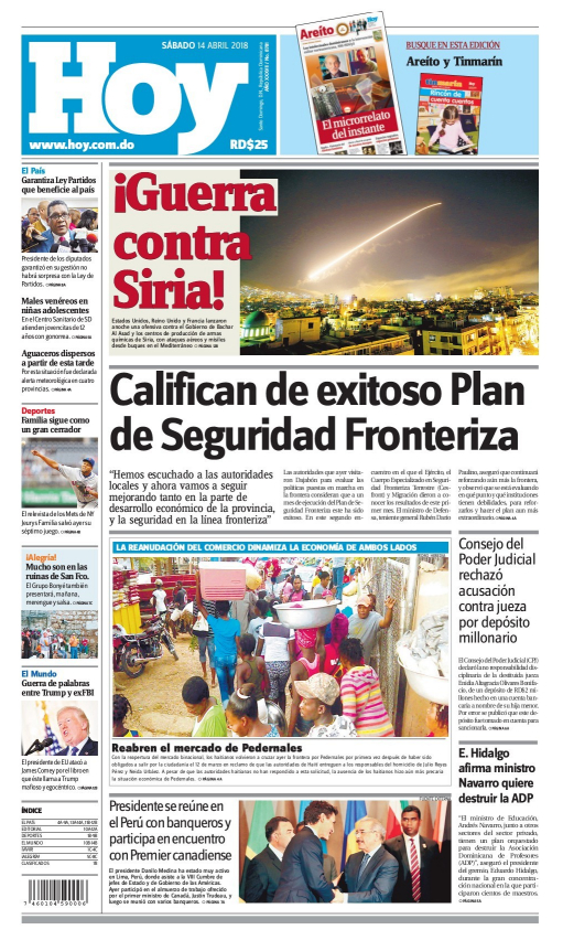 Portada Periódico Hoy, Sábado 14 de Abril 2018