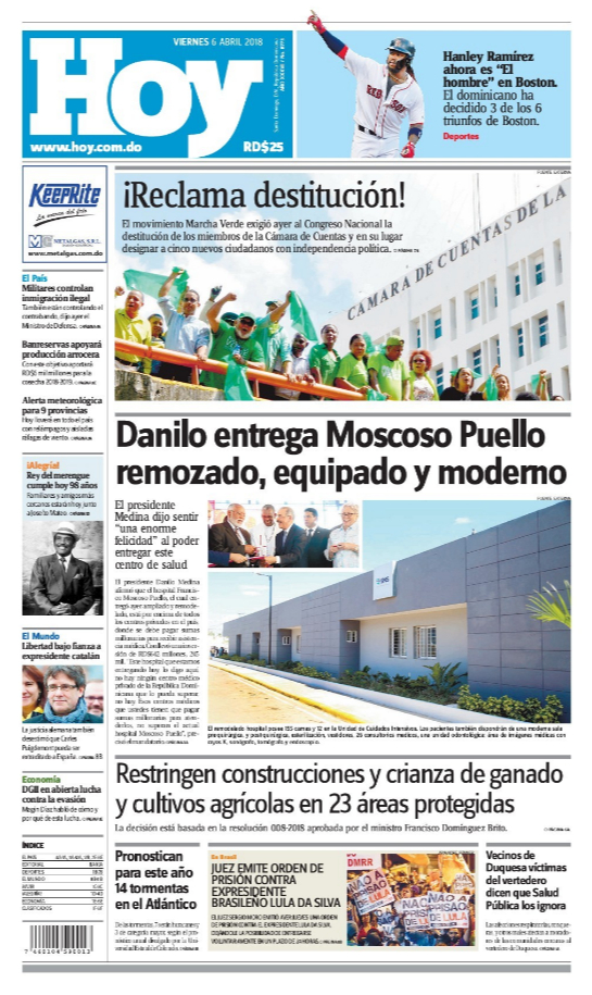 Portada Periódico Hoy, Viernes 06 de Abril 2018