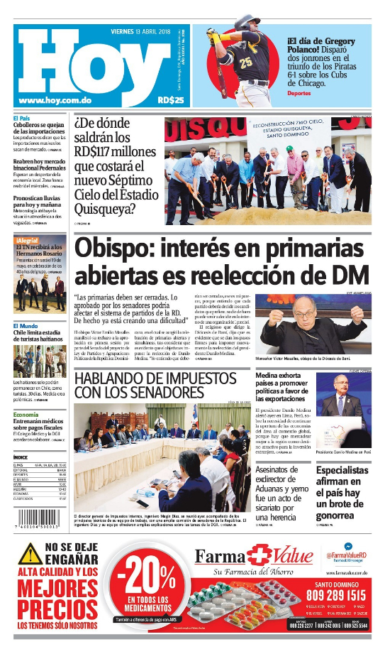 Portada Periódico Hoy, Viernes 13 de Abril 2018