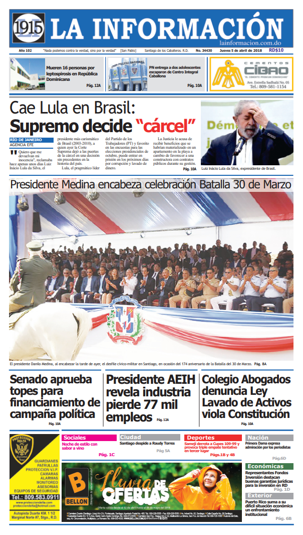 Portada Periódico La Información, Jueves 05 de Abril 2018