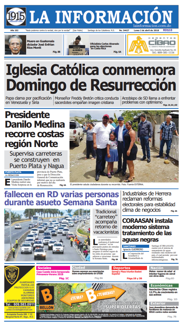 Portada Periódico La Información, Lunes 02 de Abril 2018