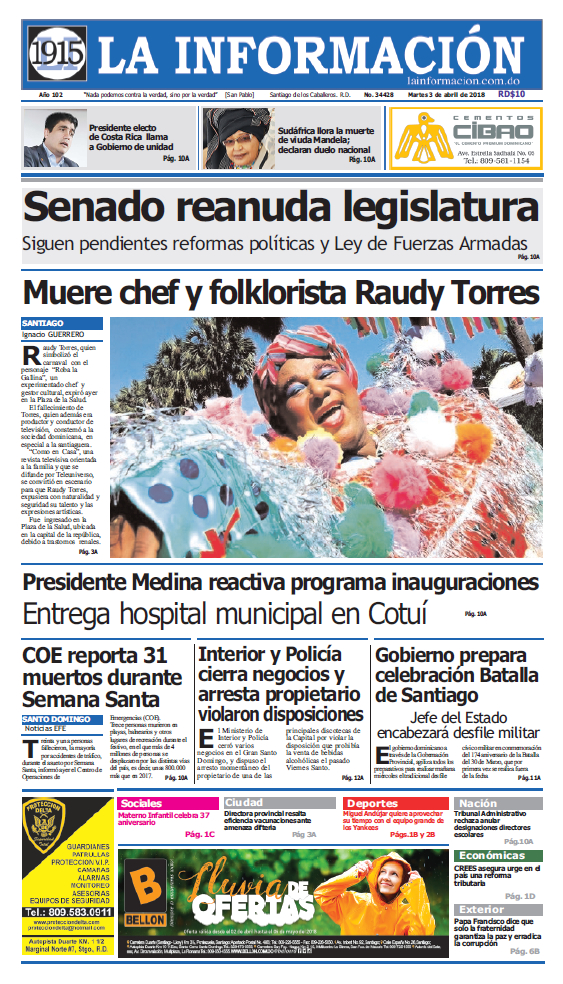 Portada Periódico La Información, Martes 03 de Abril 2018