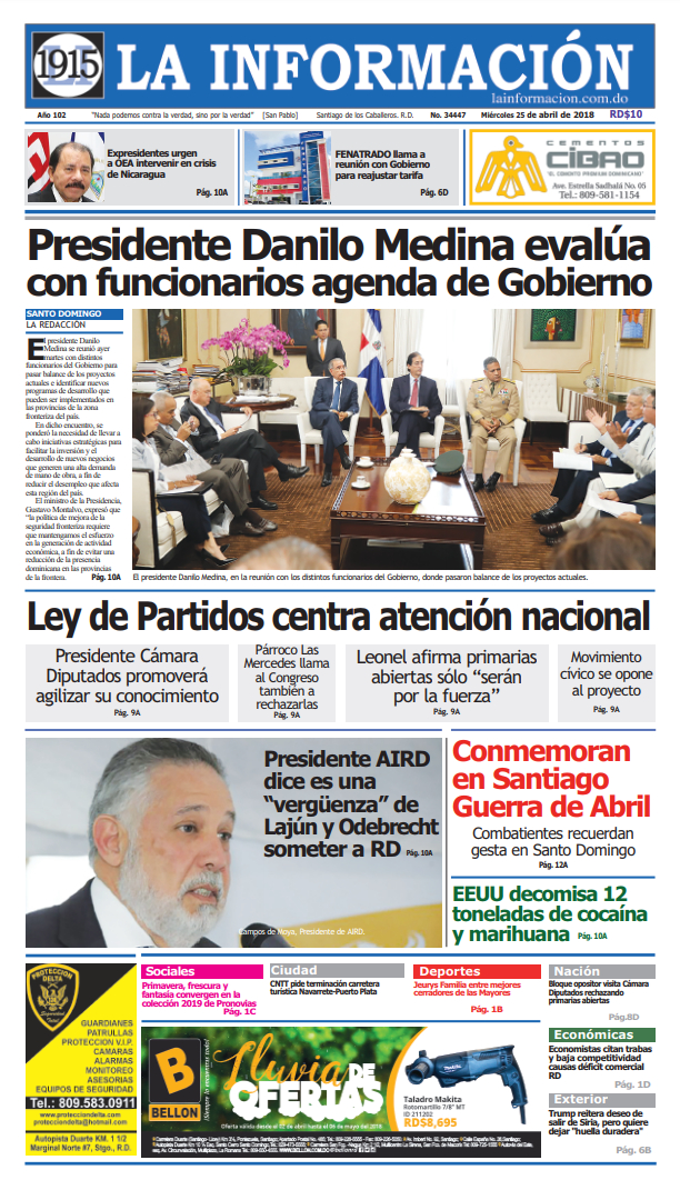 Portada Periódico La Información, Miércoles 25 de Abril 2018