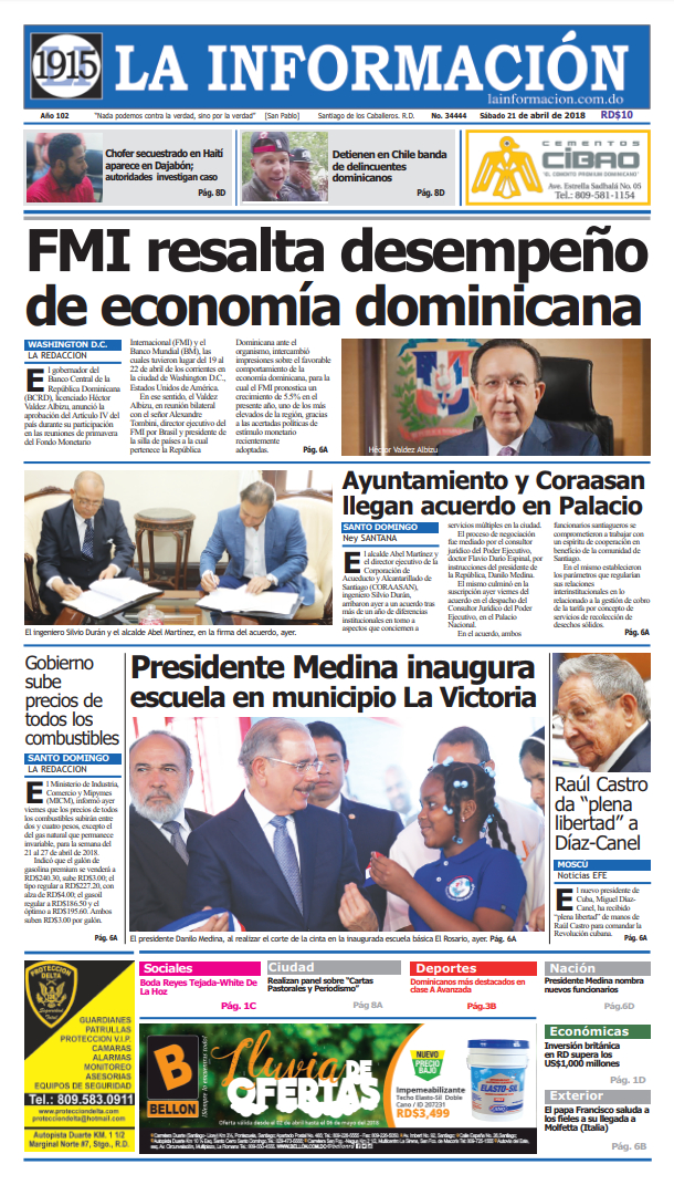 Portada Periódico La Información, Sábado 21 de Abril 2018