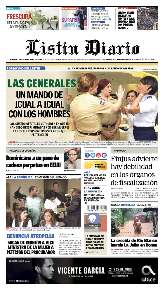 Portada Periódico Listín Diario, Jueves 19 de Abril 2018