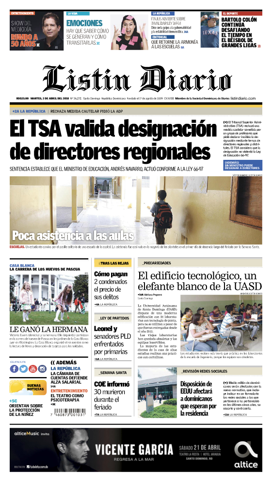 Portada Periódico Listín Diario, Martes 03 de Abril 2018