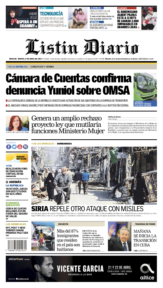 Portada Periódico Listín Diario, Martes 17 de Abril 2018