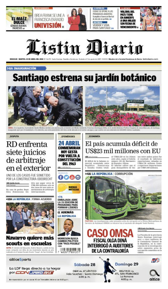 Portada Periódico Listín Diario, Martes 24 de Abril 2018