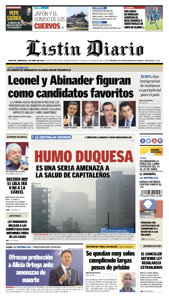 Portada Periódico Listín Diario, Miércoles 04 de Abril 2018