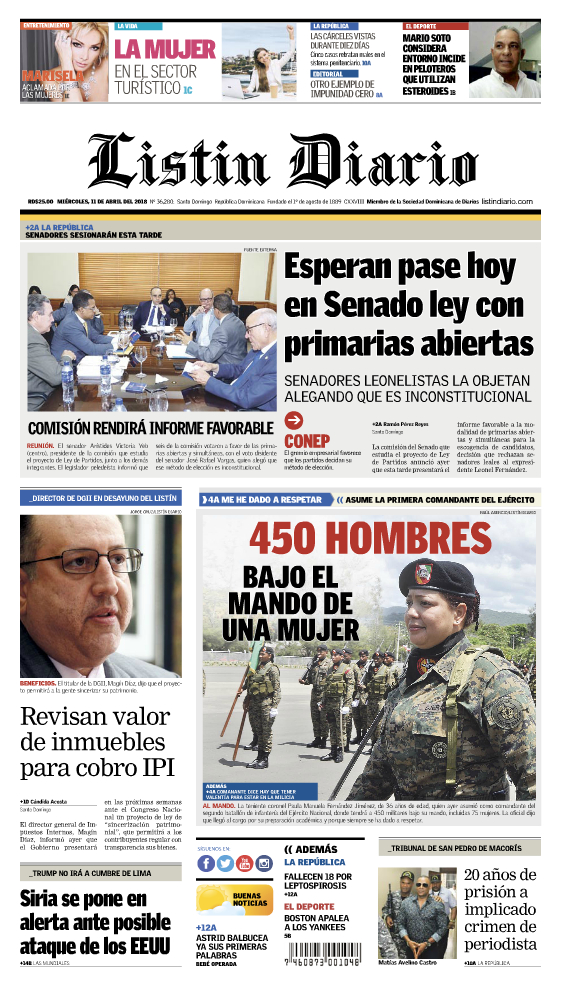 Portada Periódico Listín Diario, Miércoles 11 de Abril 2018
