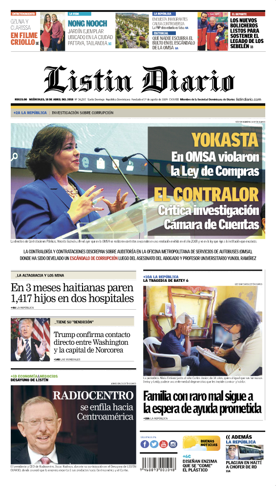 Portada Periódico Listín Diario, Miércoles 18 de Abril 2018