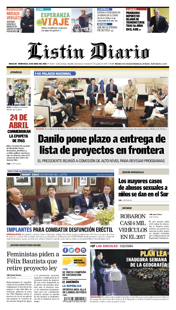 Portada Periódico Listín Diario, Miércoles 25 de Abril 2018