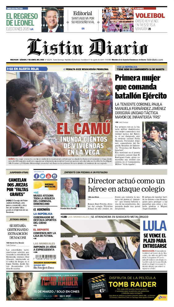 Portada Periódico Listín Diario, Sábado 07 de Abril 2018