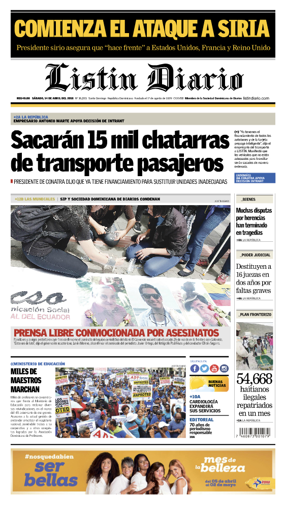 Portada Periódico Listín Diario, Sábado 14 de Abril 2018