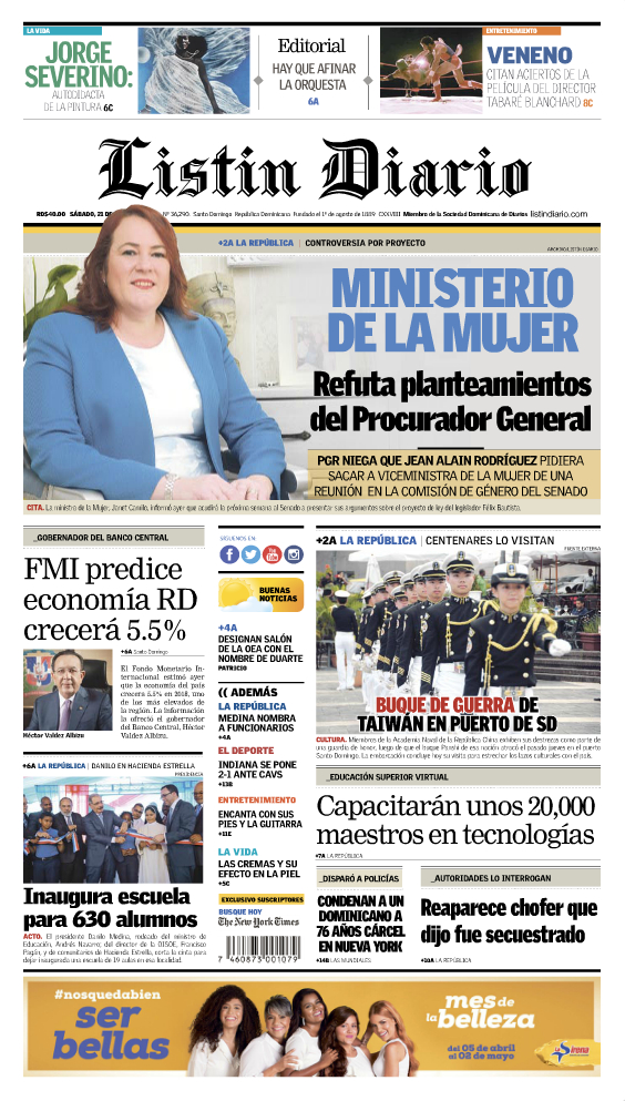 Portada Periódico Listín Diario, Sábado 21 de Abril 2018