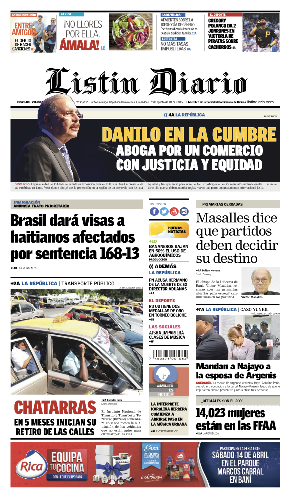 Portada Periódico Listín Diario, Viernes 13 de Abril 2018