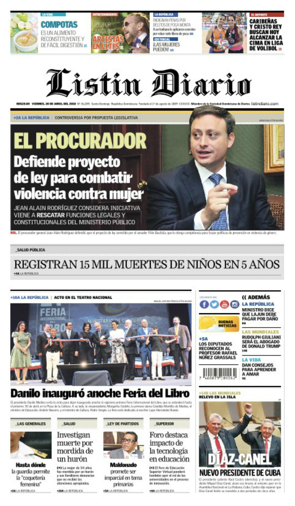 Portada Periódico Listín Diario, Viernes 20 de Abril 2018