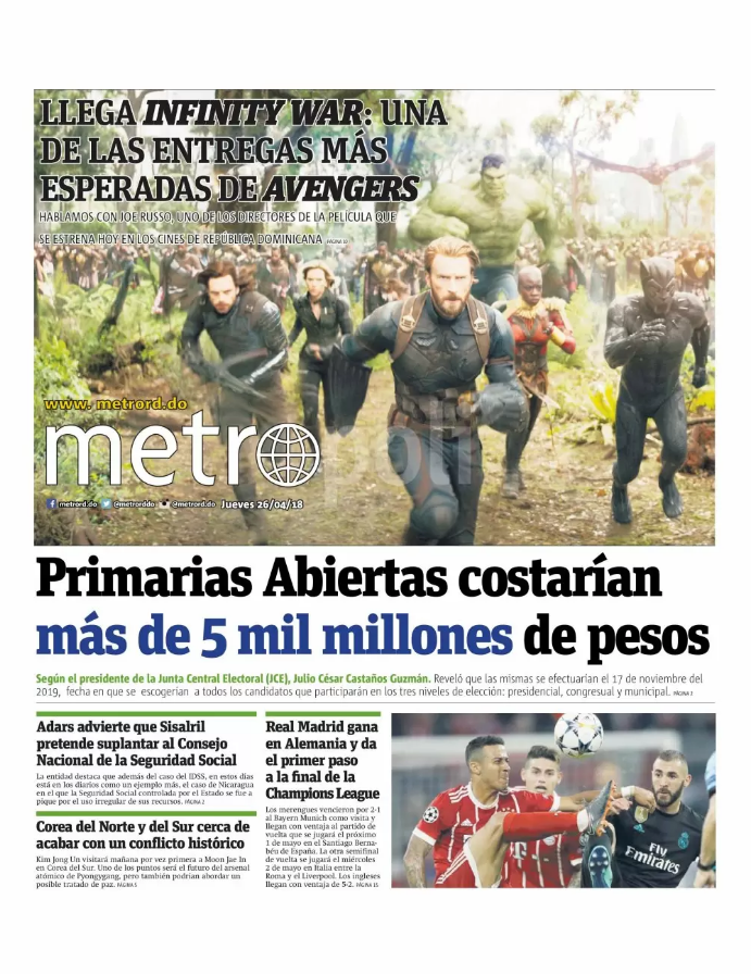 Portada Periódico Metro, Jueves 26 de Abril 2018