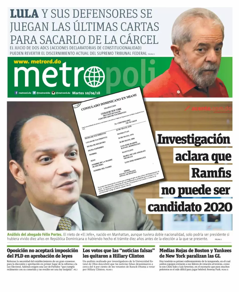 Portada Periódico Metro, Martes 10 de Abril 2018