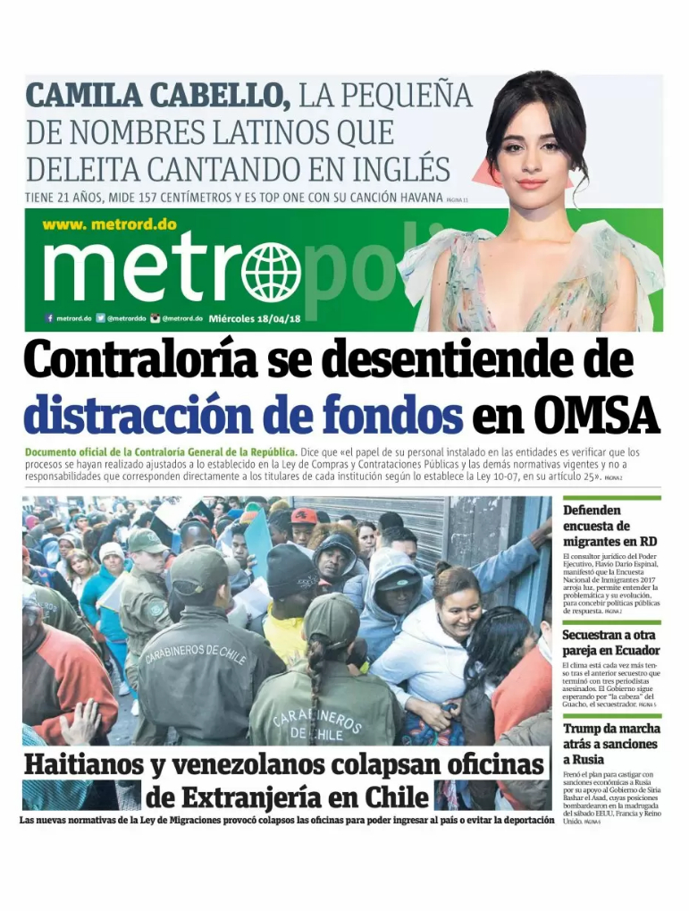 Portada Periódico Metro, Miércoles 18 de Abril 2018