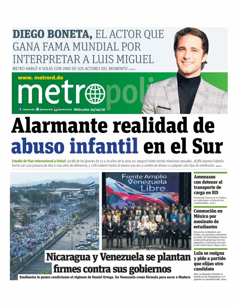 Portada Periódico Metro, Miércoles 25 de Abril 2018